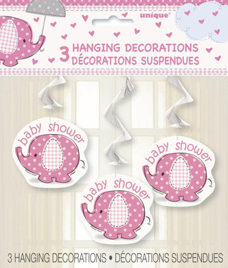 3 Pack Pink Umbrellaphants Baby Shower Hanging Swirl Decorations - 90cm - The Base Warehouse
