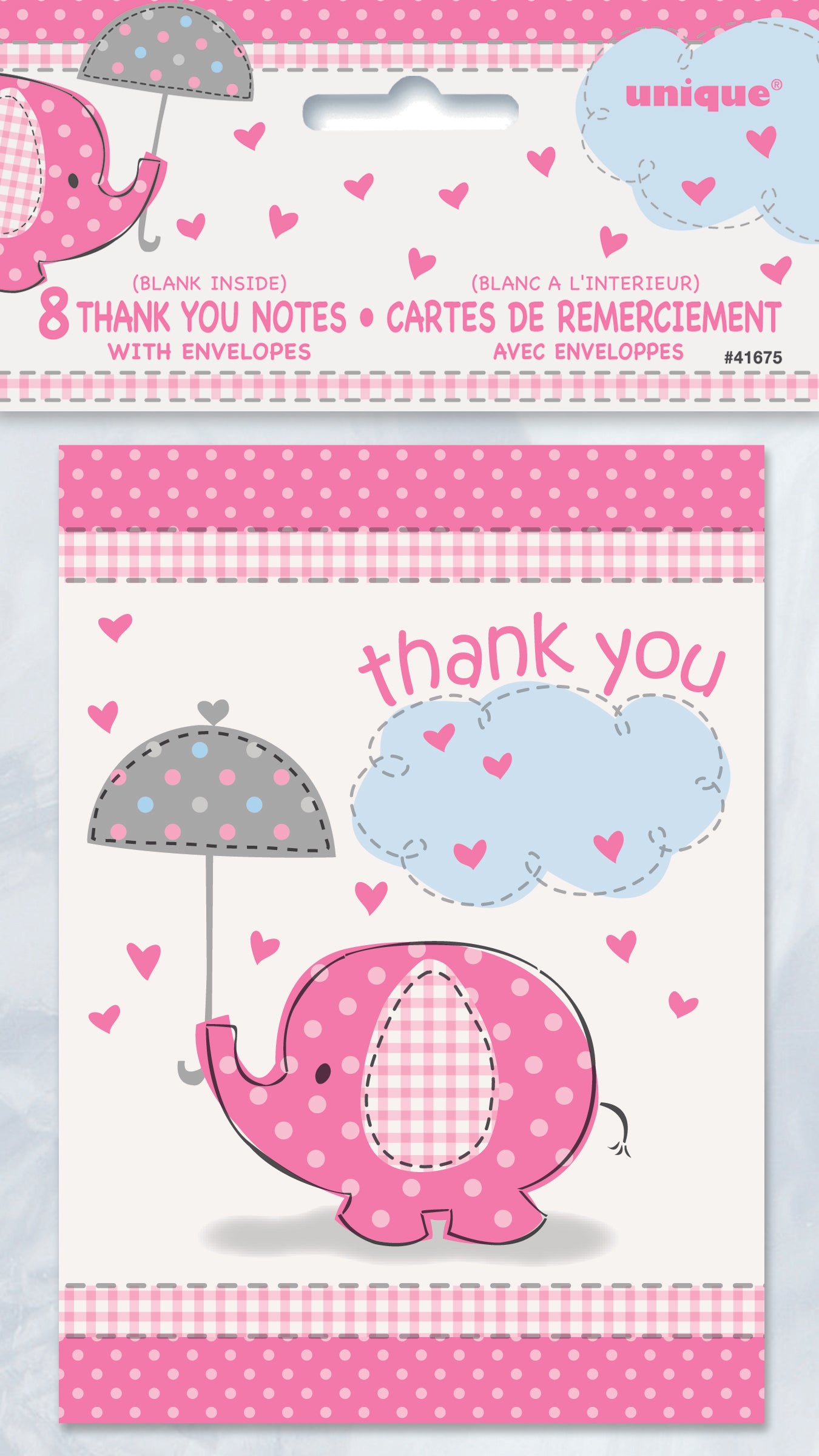 8 Pack Pink Umbrellaphants Thank You Notes with Envelopes