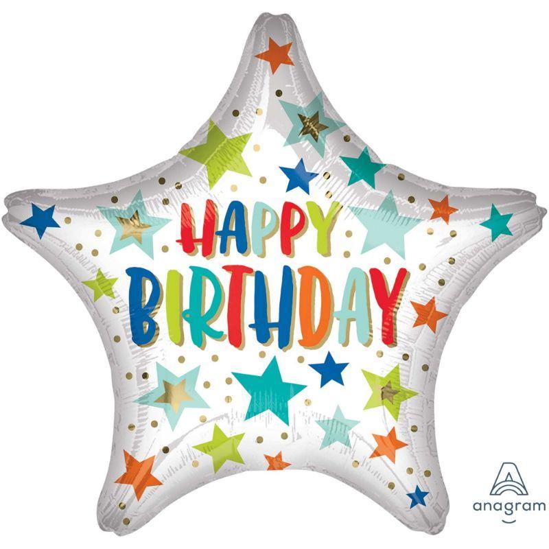 Happy Birthday Stars and Dots Star Foil Balloon - 45cm - The Base Warehouse
