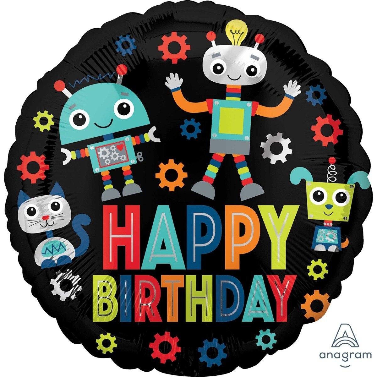 HBD Robots Round Foil Balloon - 45cm - The Base Warehouse