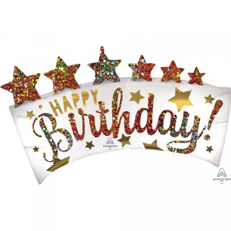 SuperShape XL Satin Happy Birthday Glitter Banner & Stars Foil Balloon - 86cm x 48cm
