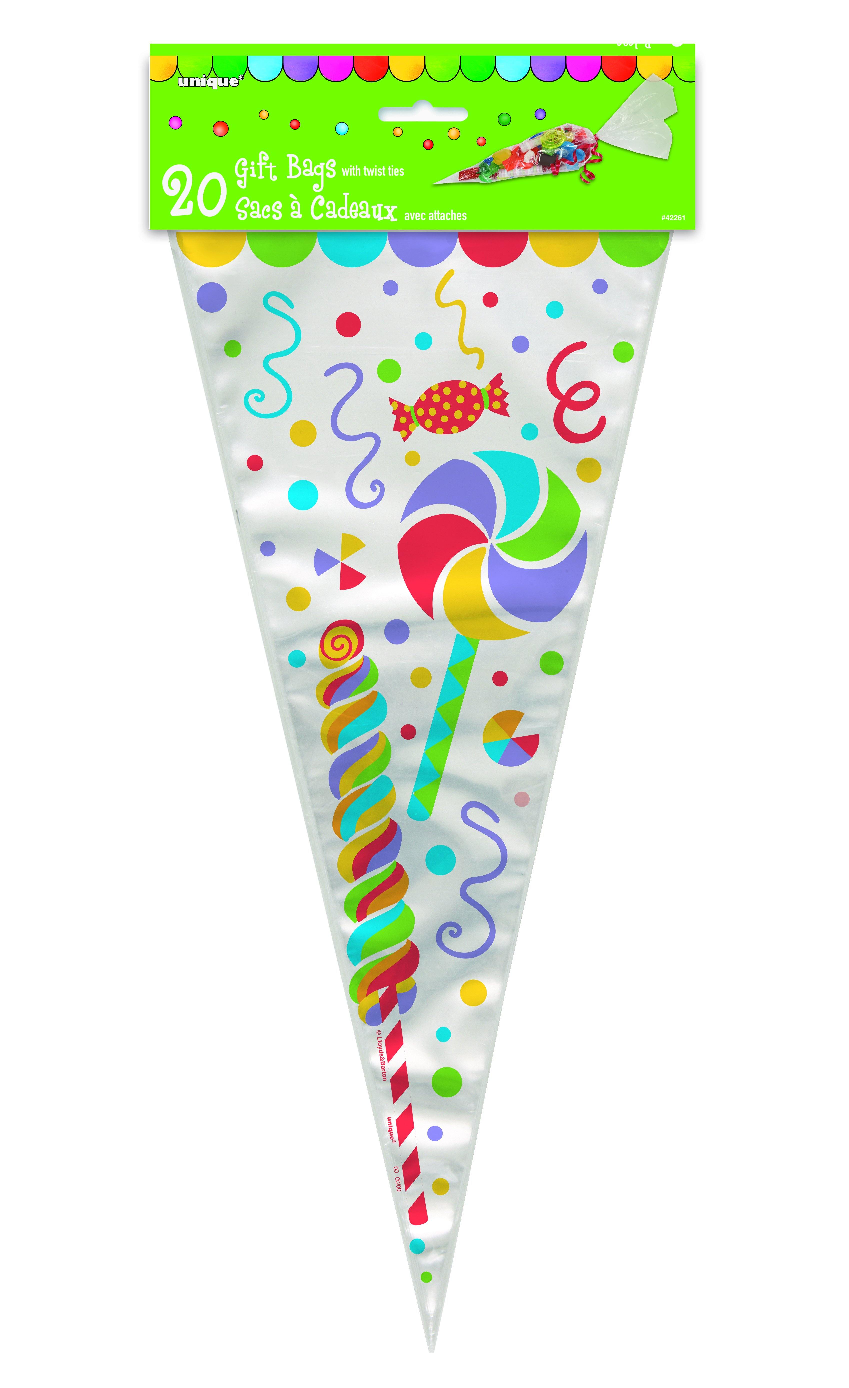 20 Pack Candy Party Cone Shaped Cello Bags - 16.5cm W x 38cm H