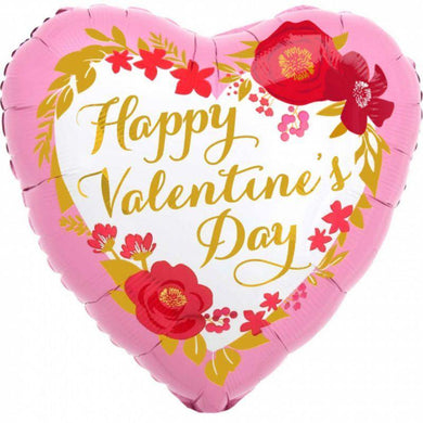 Happy Valentines Day Floral Wreath Heart Foil Balloon - 45cm - The Base Warehouse