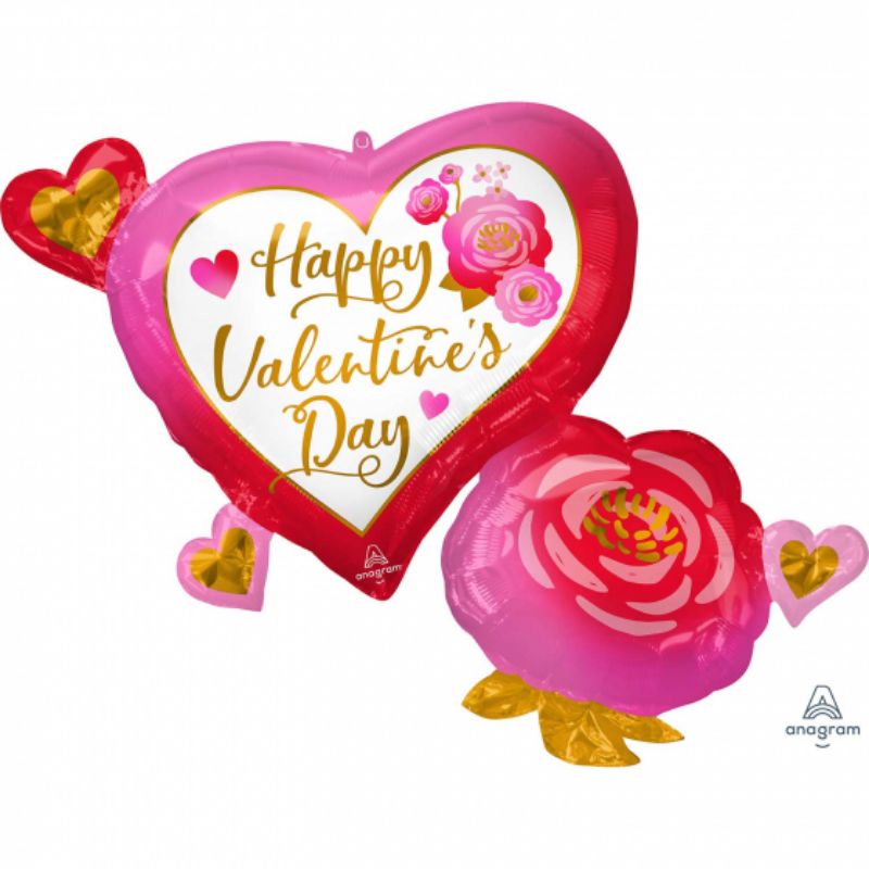 SuperShape Happy Valentines Day Heart & Roses Foil Balloon - 81cm x 68cm