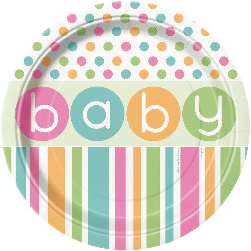 8 Pack Pastel Baby Shower Paper Plates - 23cm