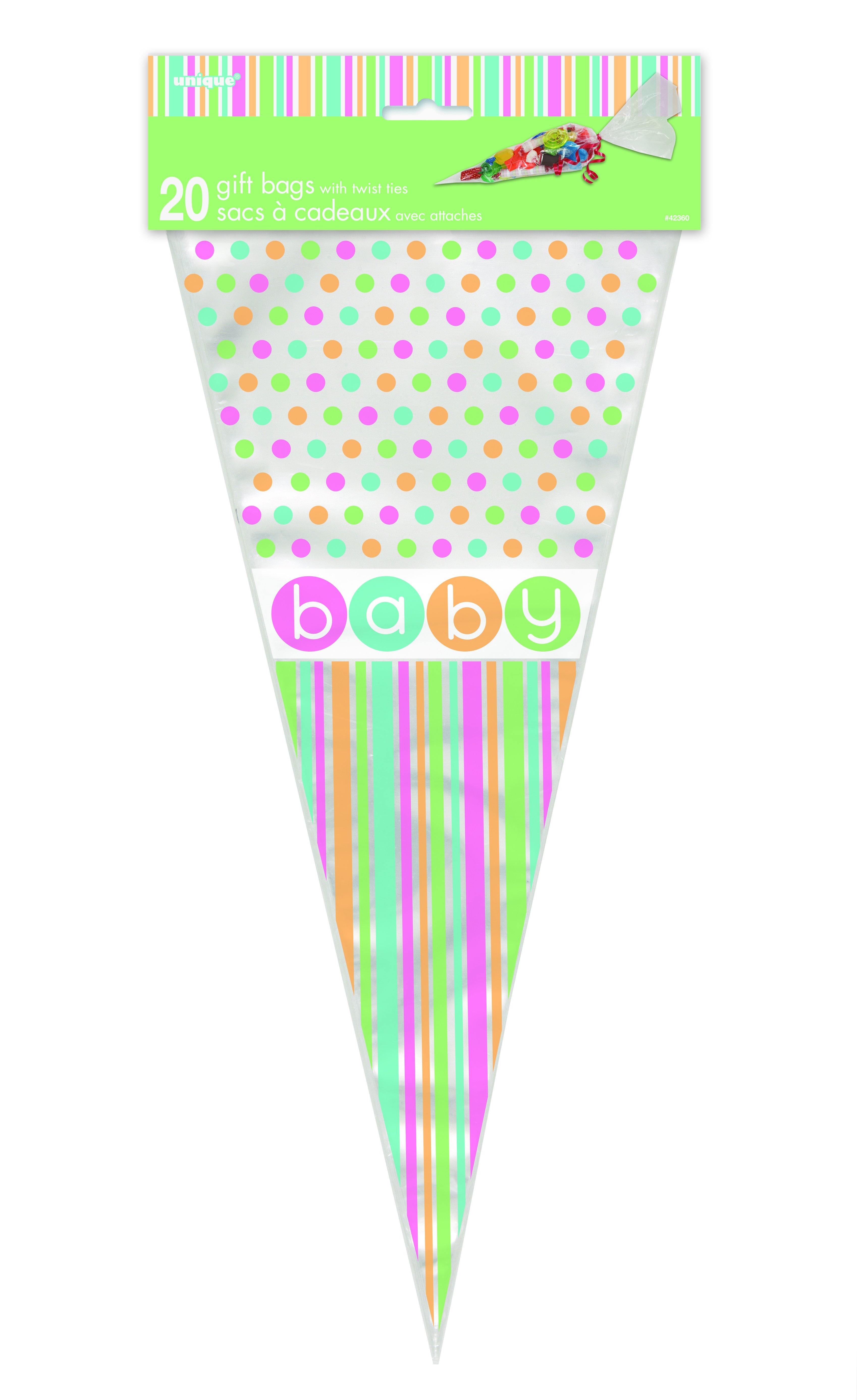 20 Pack Pastel Baby Shower Cone Shaped Cello Bags - 16.5cm W X 38cm H - The Base Warehouse