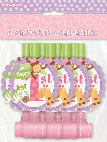8 Pack 1st Birthday Pink Safari Blowouts