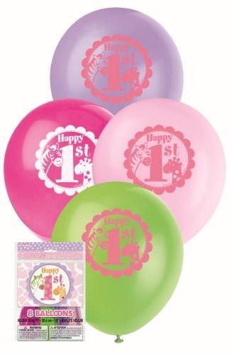 8 Pack 1st Birthday Pink Safari Latex Balloons - 30cm - The Base Warehouse