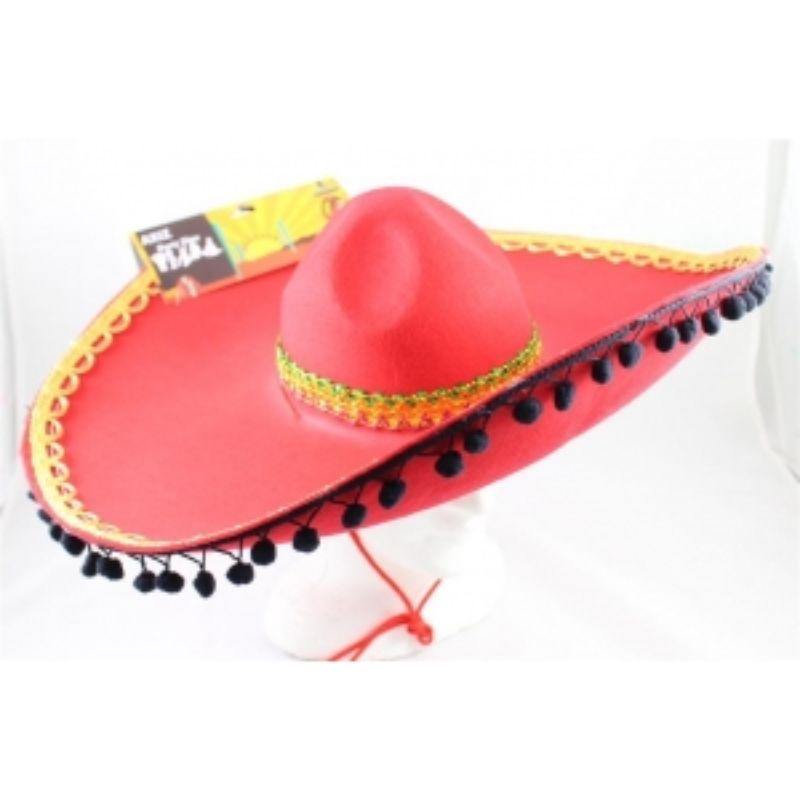 Red Mexican Hat with Black Pom Poms - The Base Warehouse