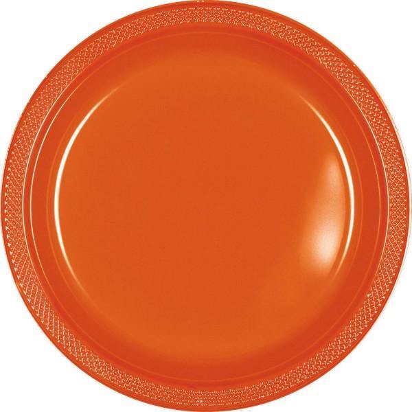 20 Pack Orange Round Plastic Plates - Large - The Base Warehouse