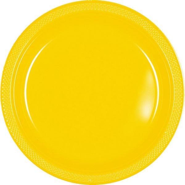 20 Pack Yellow Sunshine Round Plastic Plates - Large - The Base Warehouse