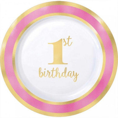 10 Pack 1st Birthday Pink Round Plates - 19cm - The Base Warehouse