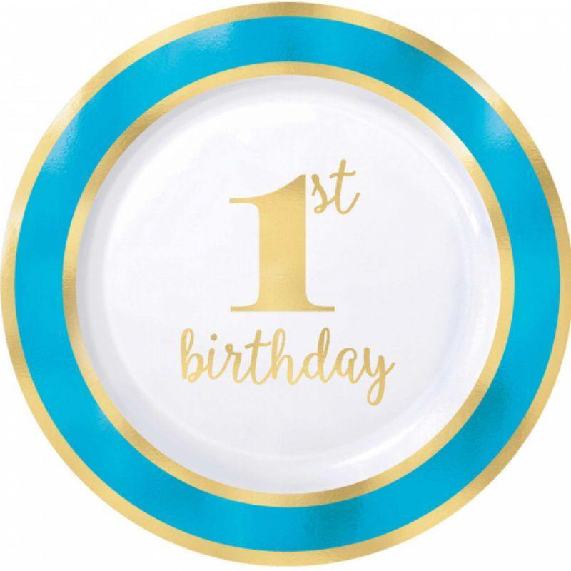 10 Pack 1st Birthday Blue Round Plates - 19cm - The Base Warehouse
