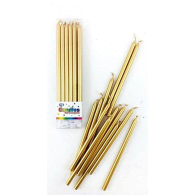 12 Pack Gold Metallic Slim Candles with Holders - 12cm - The Base Warehouse