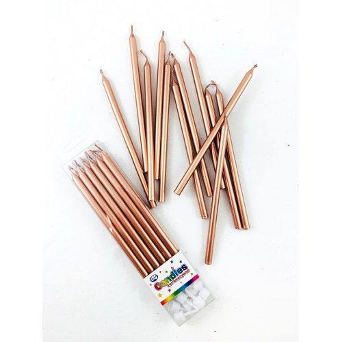 12 Pack Rose Gold Metallic Slim Candles with Holders - 12cm - The Base Warehouse