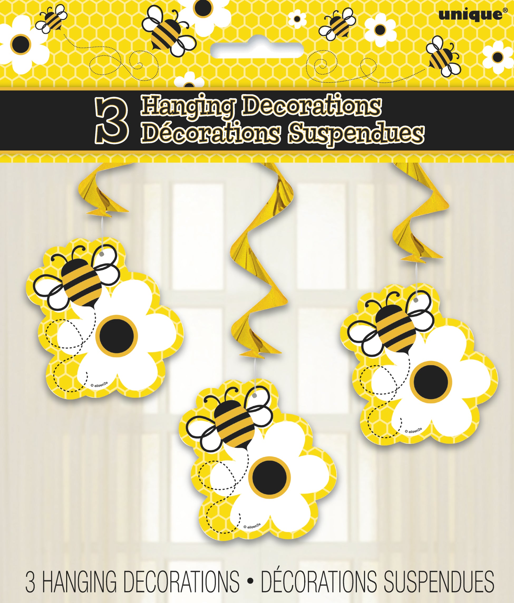3 Pack Busy Bees Hanging Swirl Decorations - 90cm