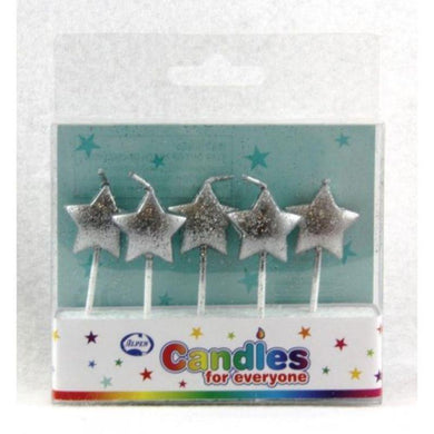 5 Pack Glitter Silver Stars Candles - The Base Warehouse