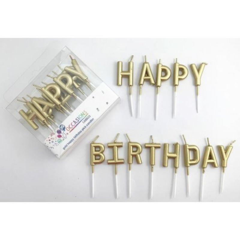 Metallic Gold Happy Birthday Pick Candles