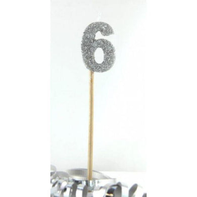 Silver Glitter Long Stick #6 Candle - The Base Warehouse
