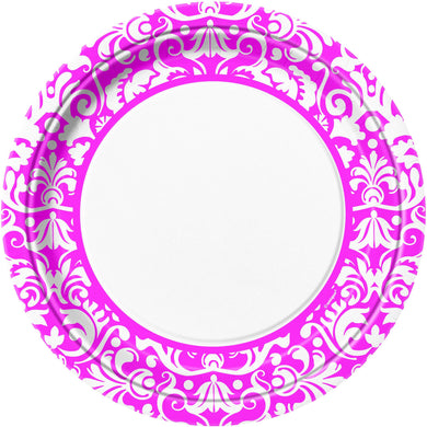8 Pack Pink Damask Paper Plates - 23cm - The Base Warehouse