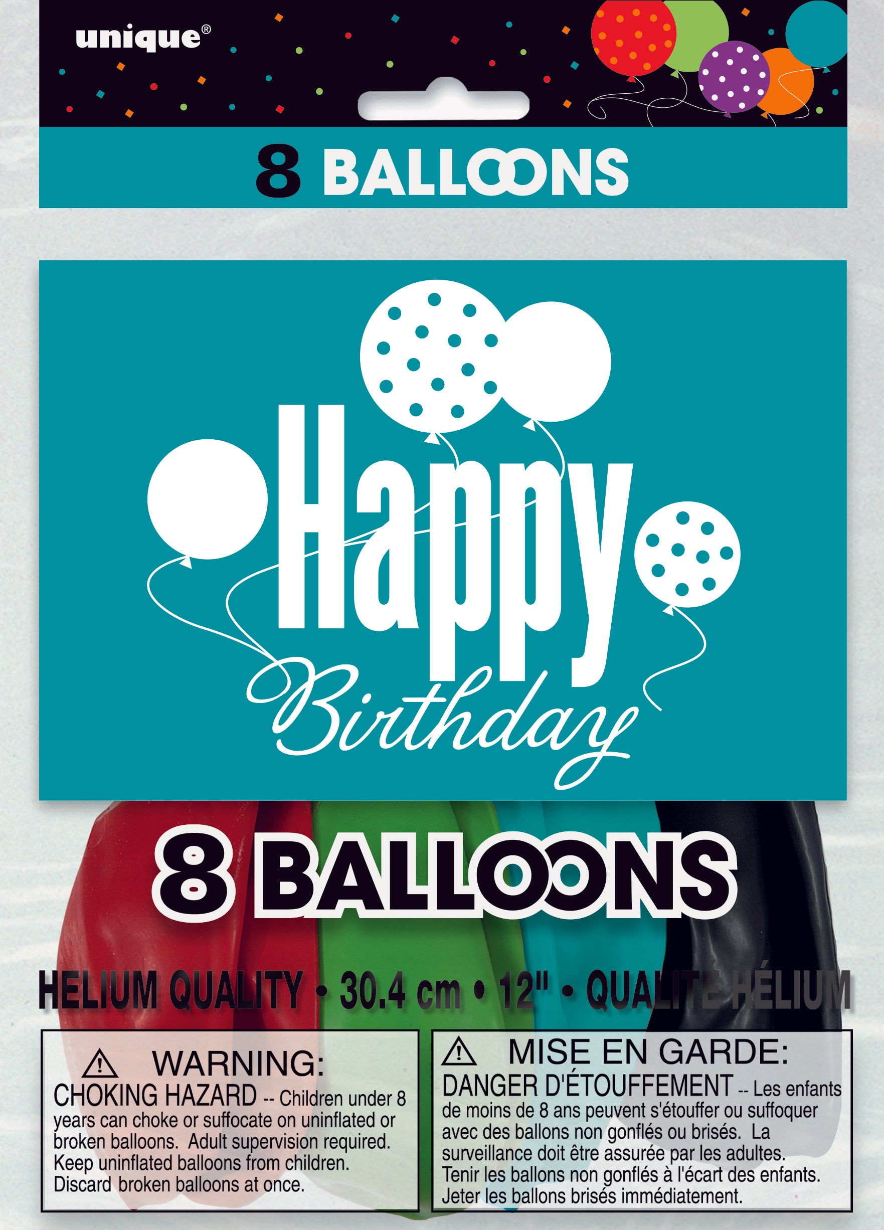 8 Pack Assorted Colours Happy Birthday Cheer Latex Balloons - 30cm