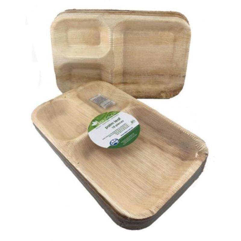 10 Pack Palmleaf 3 Part Plates - 25.4cm x 17.8cm - The Base Warehouse