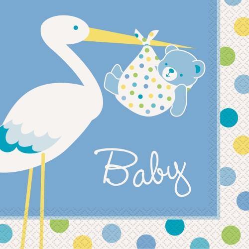 16 Pack Its a Boy Stork Lunch Napkins - 33cm x 33cm - The Base Warehouse