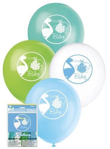 8 Pack Its a Boy Baby Shower Stork Latex Balloons - 30cm - The Base Warehouse