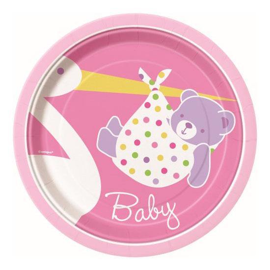 8 Pack Baby Pink Stork Paper Plates