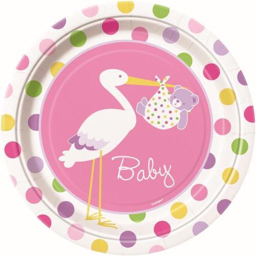 8 Pack Its a Girl Stork Paper Plates - 23cm - The Base Warehouse