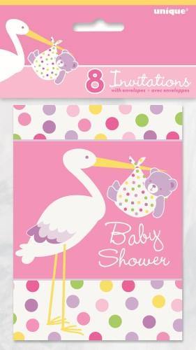 8 Pack It a Girl Stork Baby Shower Invitations with Envelopes - The Base Warehouse