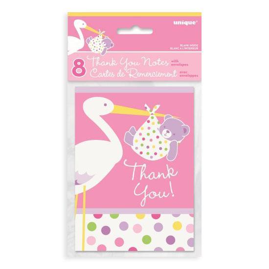 8 Pack Baby Pink Stork Thank You Notes - The Base Warehouse