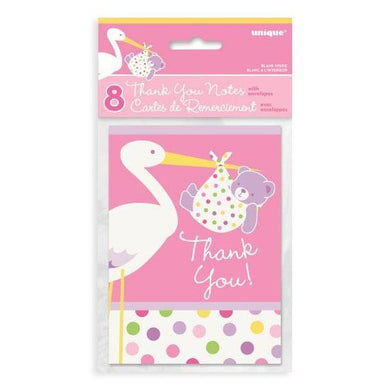 8 Pack Baby Pink Stork Thank You Notes - The Base Warehouse