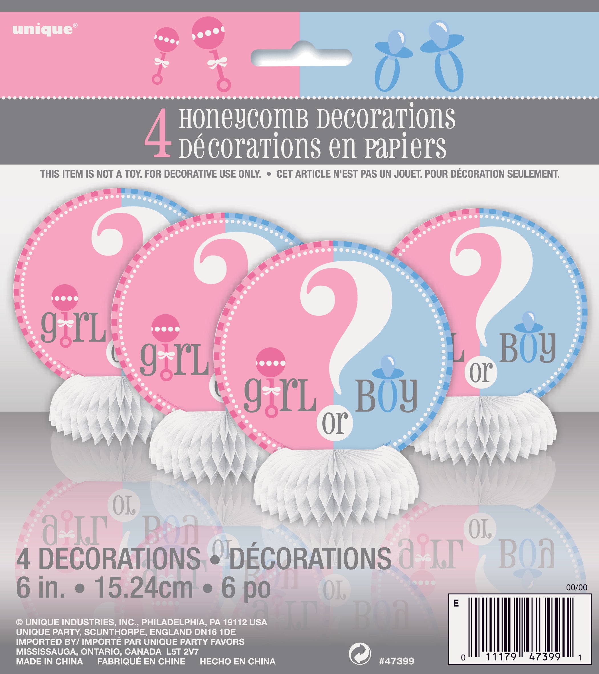 4 Pack Baby Reveal Boy or Girl? Mini Honeycomb Decorations - 15cm