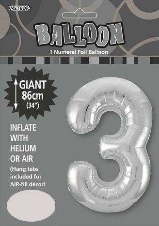 Silver Numeral 3 Foil Balloon - 86cm - The Base Warehouse