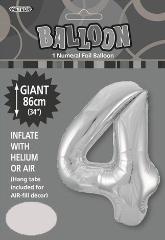 Silver Numeral 4 Foil Balloon - 86cm
