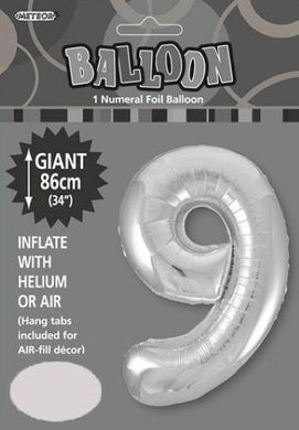 Silver Numeral 9 Foil Balloon - 86cm - The Base Warehouse