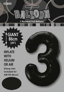 Black Numeral 3 Foil Balloon - 86cm - The Base Warehouse