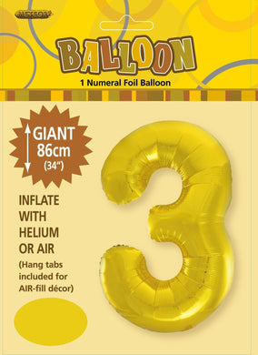Gold Numeral 3 Foil Balloon - 86cm - The Base Warehouse