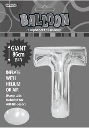 Silver Letter T Foil Balloon - 86cm - The Base Warehouse