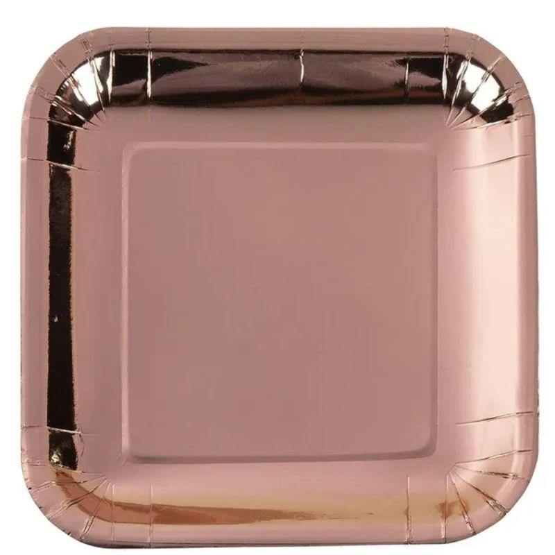 12 Pack Metallic Rose Gold Square Paper Plates - 18cm - The Base Warehouse