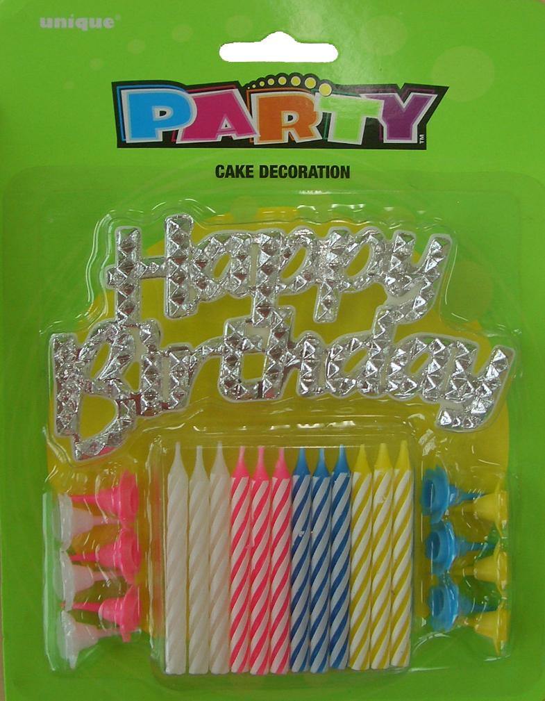 12 Pack Candles & Holders & Happy Birthday Cake Topper - The Base Warehouse