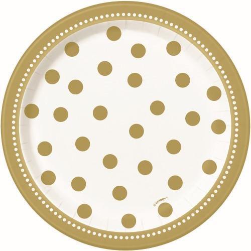 8 Pack Gold Dots Paper Plates - 23cm - The Base Warehouse