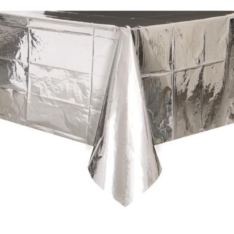 Metallic Silver Plastic Rectangle Table Cover - 137cm x 274cm