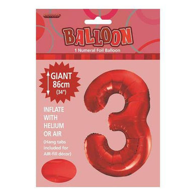 Red Number 3 Foil Balloon - 86cm - The Base Warehouse