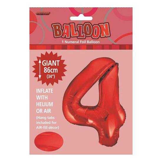 Red Number 4 Foil Balloon - 86cm - The Base Warehouse