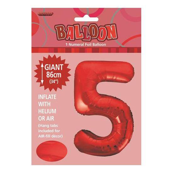 Red Number 5 Foil Balloon - 86cm - The Base Warehouse