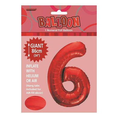 Red Number 6 Foil Balloon - 86cm - The Base Warehouse