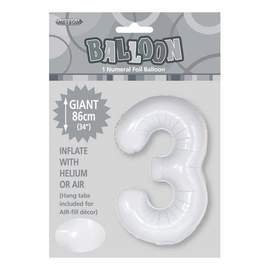 White Number 3 Foil Balloon - 86cm - The Base Warehouse