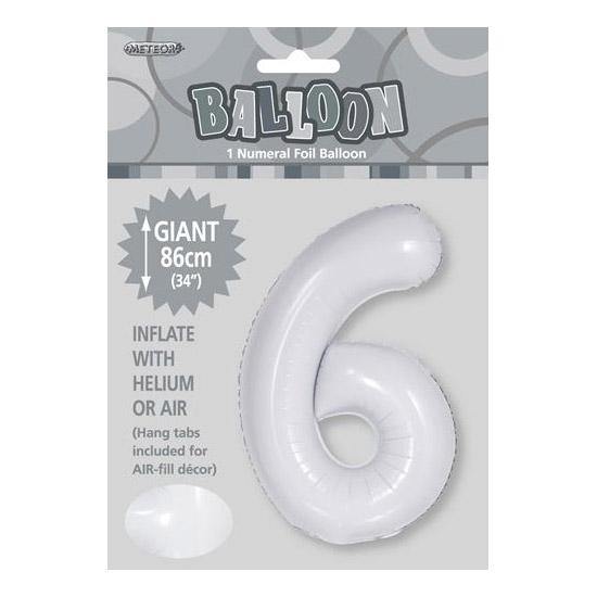 White Number 6 Foil Balloon - 86cm - The Base Warehouse